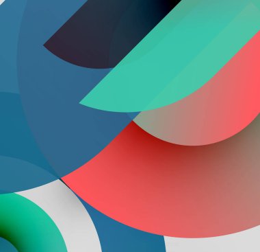 Soyut şekiller örtüşür, canlı renk karışımları yaratır. Maviler, kırmızılar, yeşiller kompozisyona hakim. Minimalist tasarım modern estetiği çağrıştırıyor.