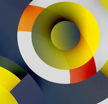 Soyut daireler çakışıyor, derinlik yaratıyor. Renkler arasında sarı, turuncu, beyaz, yeşil, donanma var. Minimalist tasarım, modern estetik.