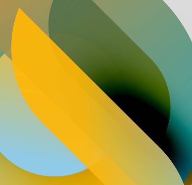 Soyut şekiller örtüşür, canlı renk karışımları yaratır. Sarı, yeşil, mavi renkler kompozisyona hakim. Yumuşak eğimler hareketi önerir.