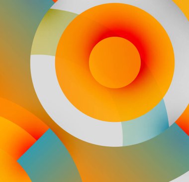 Soyut çemberler çakışıyor, canlı gradyanlar yaratıyor. Turuncu, deniz mavisi, beyaz baskın bileşim. Modern tasarım, basit şekiller.