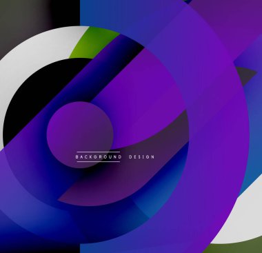 Soyut kompozisyon. Üst üste binen daireler, gradyanlar, dinamik şekiller modern görsel deneyimler yaratır. Mor egemen, mavi, yeşil, beyaz aksanlı.