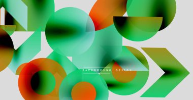 Soyut geometrik şekiller örtüşüyor, canlı renk eğimleri yaratıyor. Yeşil, turuncu, siyah baskın kompozisyon. Modern tasarım ögesi.