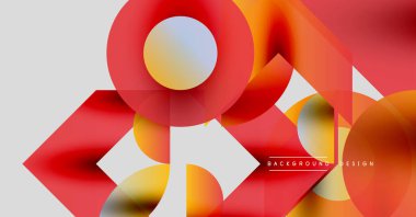 Soyut geometrik şekiller, canlı renkler, dinamik bileşim. Kırmızı, turuncu, sarı renkler tasarımda baskın. Modern estetik.