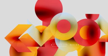 Soyut şekiller, canlı renkler, modern tasarım. Üst üste binen daireler, altıgenler dinamik bileşim oluşturur. Yumuşak eğimler, pürüzsüz geçişler görsel ilgi sunar.