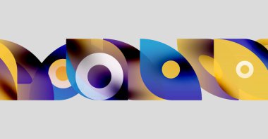 Soyut kompozisyon üst üste binen renkli daireler, dinamik görsel ritim yaratıyor. Şekiller harmanlanır, modern tasarım ögesi oluşturulur.