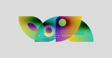 Soyut renkli şekiller örtüşüyor ve dinamik bir zemin oluşturuyor. Metin arka plan tasarımı okur. Parlak gradyanlar kompozisyona hakim.