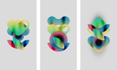 Soyut renkli şekiller örtüşüyor, canlı gradyanlar yaratıyor. Üç panelde benzer renkler var, renkleri biraz farklı. Minimalist tasarım, yumuşak arkaplan.