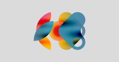 Soyut renkli şekiller örtüşüyor ve canlı bir görsel etki yaratıyor. Yumuşak gradyanlar renkleri karıştırır, dinamik bileşim oluşturur.