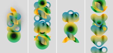 Soyut renkli şekiller örtüşür, dinamik kompozisyonlar oluşturur. Gradyan renkler karışır, sıvı görsel desenler oluşturur. Modern tasarım elemanları.