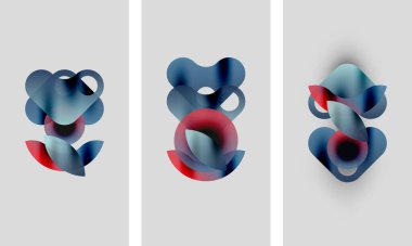 Soyut sanat eserleri. Üç panelde üst üste binen, bulanık şekiller var. Renkler arasında mavi, kırmızı, gri var. Minimalist tasarım, yumuşak gradyanlar mevcut.