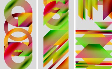 Soyut renkli şekiller dinamik bileşimler oluşturur. Gradyan renkler harmanlanarak modern görsel etki yaratıyor. Parlaklık koyu arkaplanla çelişiyor.