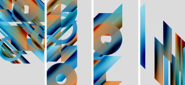 Soyut geometrik şekiller, canlı maviler, portakallar kompozisyona hakim. Modern tasarım, temiz çizgiler, dijital sanat eserleri.