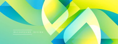 Soyut enerjik tasarım. Üst üste binen şekiller dinamik ve akıcı bileşimler yaratır. Yeşil, sarı, mavi renkler görsel alana hakim. Modern estetik.