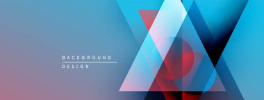 Soyut geometrik şekiller örtüşüyor, canlı renk eğimleri yaratıyor. Mavi, kırmızı, mor renkler tasarımda baskın. Modern estetik.