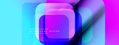 Soyut geometrik şekiller çakışıyor. Canlı mavi, mor renkler modern tasarım yaratır. Metin arka plan tasarımı okur. Minimalist estetik.