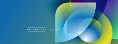 Soyut renkli tasarım. Üst üste binen şekiller dinamik görsel efekt yaratır. Mavi gradyan arka plan canlı elementleri tamamlar. Modern estetik.