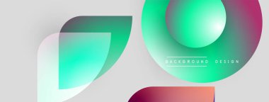 Soyut şekiller örtüşüyor, canlı gradyanlar yaratıyor. Modern tasarım unsurları akıcılık, yenilik, görsel cazibe öneriyor. Işık arkaplanı renk karşıtlığını arttırır.