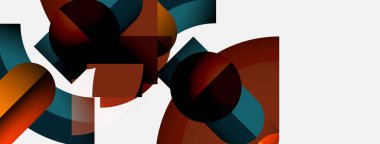 Soyut geometrik şekiller örtüşür, dinamik bileşim yaratır. Renkler arasında deniz mavisi, kahverengi, turuncu, siyah, beyaz. Modern tasarım elemanları.