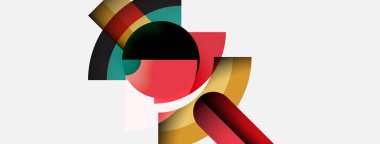 Soyut kompozisyon üst üste binen renkli şekiller içerir. Kırmızı, altın, deniz mavisi elementleri dinamik görsel ilgi yaratır. Minimalist tasarım, modern estetik.