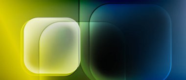 Soyut geometrik şekiller, sarıdan maviye doğru. Yuvarlak dikdörtgenler çakışıyor, yumuşak ışıltı etkisi yaratıyor. Minimalist tasarım, modern estetik.