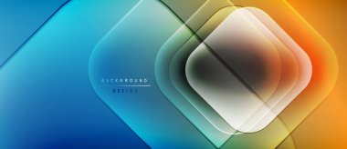 Soyut geometrik şekiller, canlı mavi turuncu gradyan. Üst üste binen kareler modern görsel efektler yaratır. Minimalist tasarım, pürüzsüz geçişler.