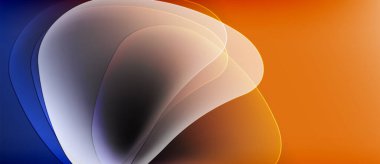 Soyut akışkan şekiller harmanlanır, dinamik turuncu, mavi gradyanlar oluşturur. Yumuşak kıvrımlar hareketi, ışık etkileşimini gösterir. Minimalist tasarım.