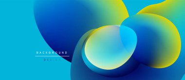 Soyut sıvı şekilleri örtüşür, parlak mavi ve sarı renkler yaratır. Modern tasarım hareket, enerji, dinamik bileşim öneriyor.