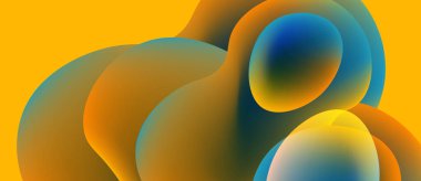 Soyut şekiller harmanlanır, canlı gradyanlar yaratır. Sıcak sarılar serin mavileri zıtlaştırarak sıvı bileşimi oluşturur. Düz dokular tasarıma hakim..