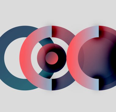 Soyut daireler çakışıyor, renkli gradyanlar yaratıyor. Tasarım gri arka planda mavi, kırmızı, mor renklere sahiptir. Modern, minimalist stil.