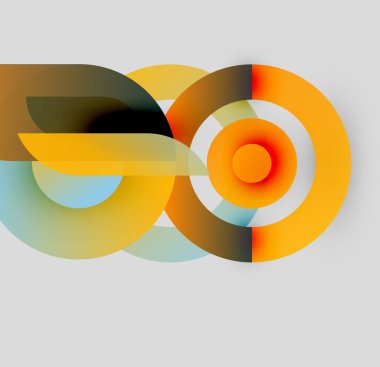 Soyut tasarım özellikleri üst üste binen daireler, kıvrımlar. Sıcak, serin renkler harmanlanarak, dinamik görsel efekt yaratır. Modern, minimalist estetik.