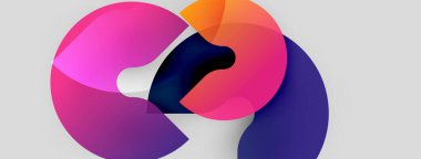 Soyut şekiller örtüşür, canlı renk karışımları yaratır. Pembe, mor, turuncu, mavi renkler kompozisyona hakim. Modern tasarım ögesi.