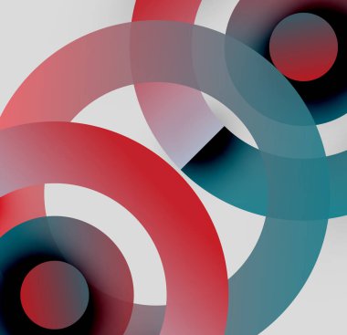 Soyut kompozisyon. Üst üste binen daireler dinamik görsel efekt yaratır. Kırmızı, deniz mavisi, beyaz baskın palet. Modern tasarım.