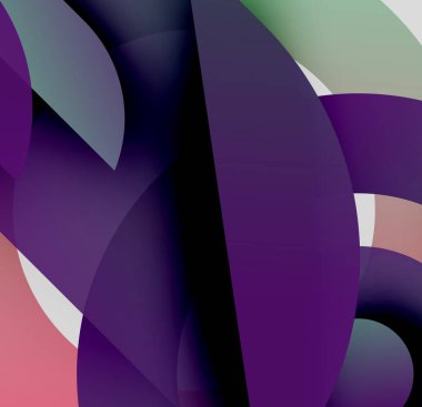 Soyut kompozisyon. Üst üste binen şekiller dinamik görsel efekt yaratır. Renkler karışır, değişkenler oluşur, gölgeler oluşur. Modern tasarım.