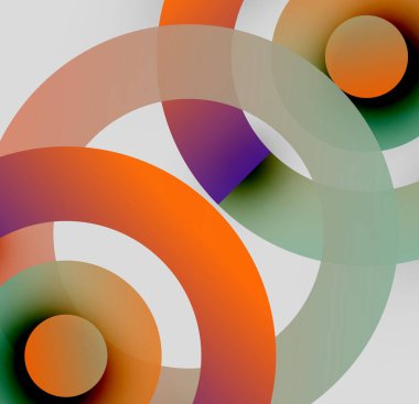 Soyut kompozisyon. Üst üste binen daireler canlı renk karışımları yaratır. Modern tasarım, düzgün eğimler, dinamik şekiller. Minimalist estetik.