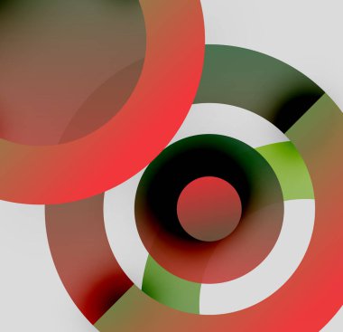 Üst üste binen daireler içeren soyut kompozisyon. Renkler kırmızı, yeşil, siyah, beyaz, kahverengi. Minimalist tasarım, bulanık kenarlar yumuşak geçişler yaratır.