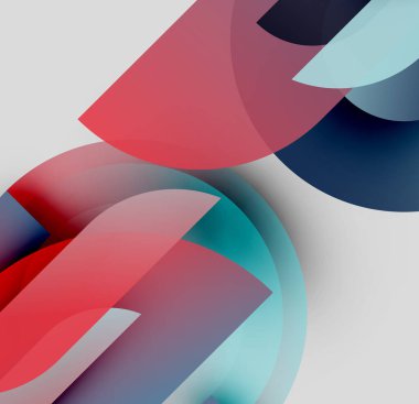 Soyut kompozisyon. Üst üste binen şekiller, canlı renkler, pürüzsüz eğimler modern görsel deneyimler yaratır. Minimalist tasarım.