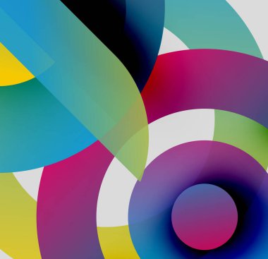 Soyut renkli şekiller örtüşür, dinamik görsel efekt yaratır. Çemberler, kıvrımlar kompozisyona hakim. Parlak renkler koyu arkaplan karşıtlığı.