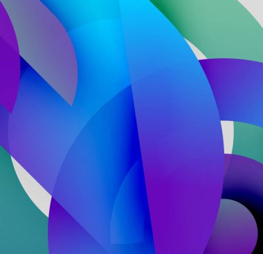 Soyut şekiller örtüşüyor, canlı mavi, mor, deniz mavisi renkleri yaratıyor. Yumuşak geçişler akışkan tasarımı tanımlar. Minimalist estetik.