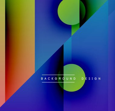 Soyut geometrik tasarım. Canlı renkler karışıyor, dinamik görsel deneyim yaratıyor. Çemberler, dikdörtgenler modern bileşim oluştururken kesişirler..