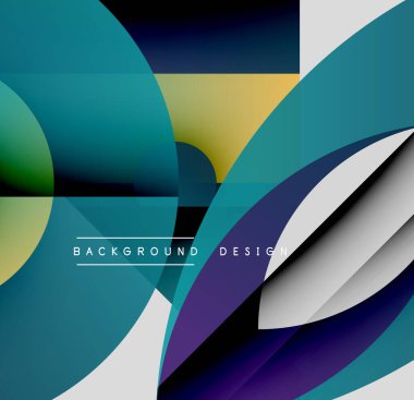 Soyut geometrik şekiller örtüşüyor, dinamik renk eğimleri yaratıyor. Modern tasarım deniz mavisi, mor, altın ve gri tonlara sahiptir..