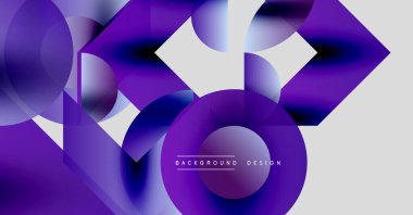Soyut mor tasarım geometrik şekiller içerir. Çemberler, kareler, dinamik görsel efekt oluşturur. Modern arkaplan dokusu.