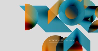 Soyut geometrik şekiller örtüşür, canlı renk karışımları yaratır. Modern tasarım grafikleri, eğrileri ve basit biçimleri kullanır.