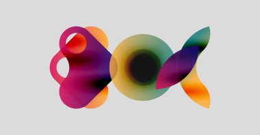 Soyut renkli şekiller örtüşür, dinamik görsel kompozisyon yaratır. Yumuşak eğimler renkleri karıştırır, akıcılığı çağrıştırır, hareket eder.