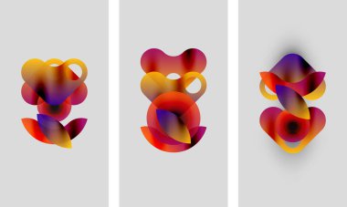 Soyut sanat. Üç panelde renkli ve bulanık şekiller var. Gradyan renkler harmanlanarak, dinamik görsel efekt yaratır. Modern tasarım.