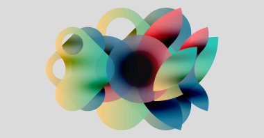 Soyut kompozisyon. Üstüste binen yarı saydam şekiller canlı renk karışımları yaratır. Yumuşak eğimler hareket ve derinlik olduğunu gösteriyor. Minimalist tasarım.