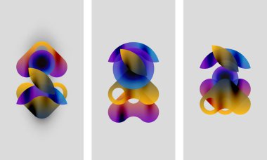 Soyut renkli şekiller örtüşür, dinamik kompozisyonlar oluşturur. Üç panel, renk ve konum olarak biraz değişken benzer biçimler gösterir.