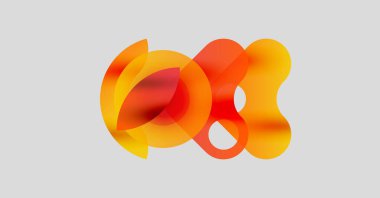 Soyut şekiller örtüşür, parlak turuncu ve sarı renkler yaratır. Yumuşak eğimler akıcılık ve modern tasarım estetiğini akla getiriyor..