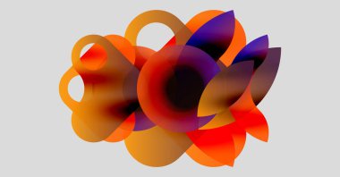 Üstüste binen şeffaf daireler içeren soyut bir kompozisyon. Sıcak renkler baskın gelir, dinamik görsel efekt yaratır. Yumuşak eğimler derinliği gösterir.