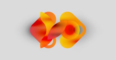 Soyut şekiller harmanlanarak canlı turuncu ve kırmızı renkler yaratır. Yumuşak eğimler hareket ve açık gri zemine karşı derinlik öneriyor.