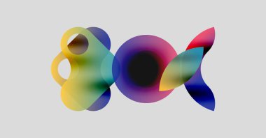 Soyut renkli şekiller örtüşür, dinamik görsel efekt yaratır. Parlak renkler harmanlanır ve ilginç bir kompozisyon oluşturur. Modern tasarım.